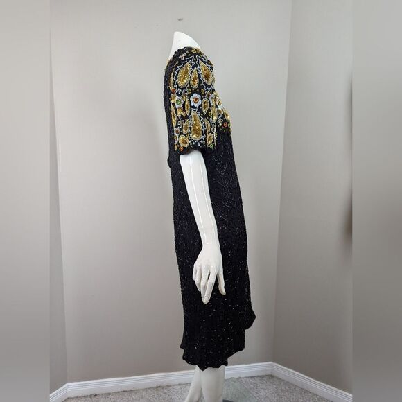 Leslie Fay Beaded Cocktail Dress Black Gold 16 Vintage Glam - Picture 7 of 10